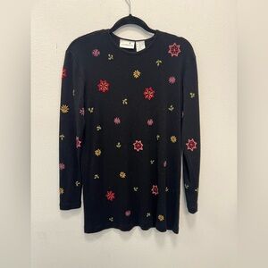 Floral Embroidered Knit Top | Black | Long Sleeve | Wool Blend | Liz Claiborne